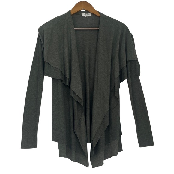 BARNEYS NEW YORK Draped Waterfall Cardigan Olive Green Ribbed Knit Size XS - Picture 2 of 8